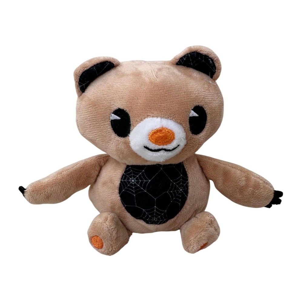MTY International Bear Plush Spider Web Halloween Stuffed Animal Tan Orange 6 in